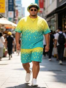Plus Size Men's Bright Color Gradient Loose Casual Short Sleeve Shorts Set, Summer Contrast Color Funny Print Plus Size Thin Sports Suit, 2-Piece Personalized Outfit Suitable For Tall And Men, Daily And Workout Versatile Round Neck T-Shirt Set - Multicolor - View 2