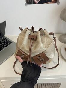 Bolso de cubo mini con cordón para mujer, bolso de hombro acolchado casual para exteriores - Caqui - Ver 4
