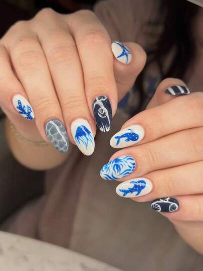 Elevate Your Look,24Pcs Short Oval Full Coverage Glossy False Nails For Women,Summer Marine Life Pattern Designs Nail Art,Minimalist, Natural, Academic And Cute Style