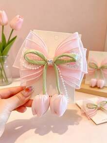 1/2/4pcs Floral Tulip Pearl Mesh Big Bow Hair Clips, Cute Princess Fresh Versatile Hair Accessories, Beige Pink - Multicolor - View 1