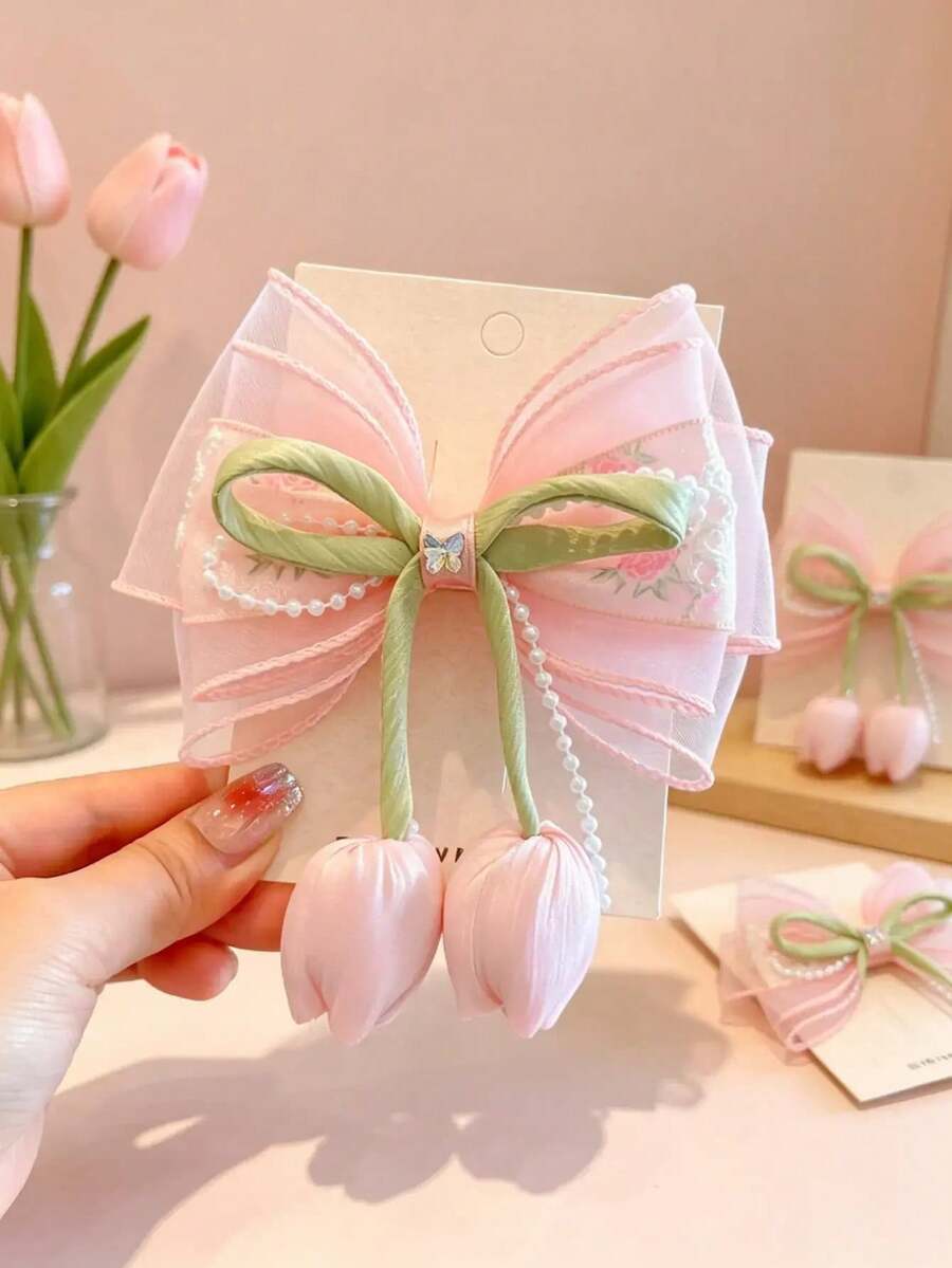 1/2/4pcs Floral Tulip Pearl Mesh Big Bow Hair Clips, Cute Princess Fresh Versatile Hair Accessories, Beige Pink - Multicolor - View 1