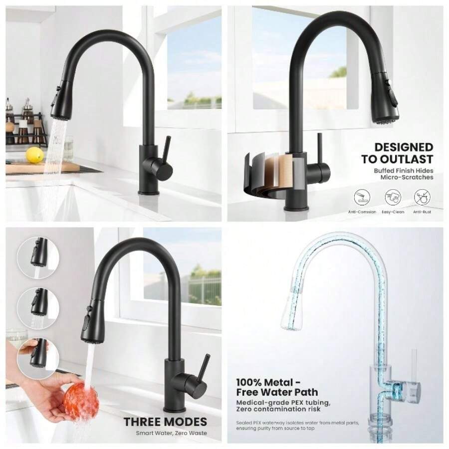 Black Kitchen Tap, Kitchen Mixer Taps With Pull Out Sprayer, Swivel Spout With 3 Modes Spray, Stainless Steel Construction, Single Handle Easy Control, Anti - Burst Hose, Quick Installation - Black - View 1