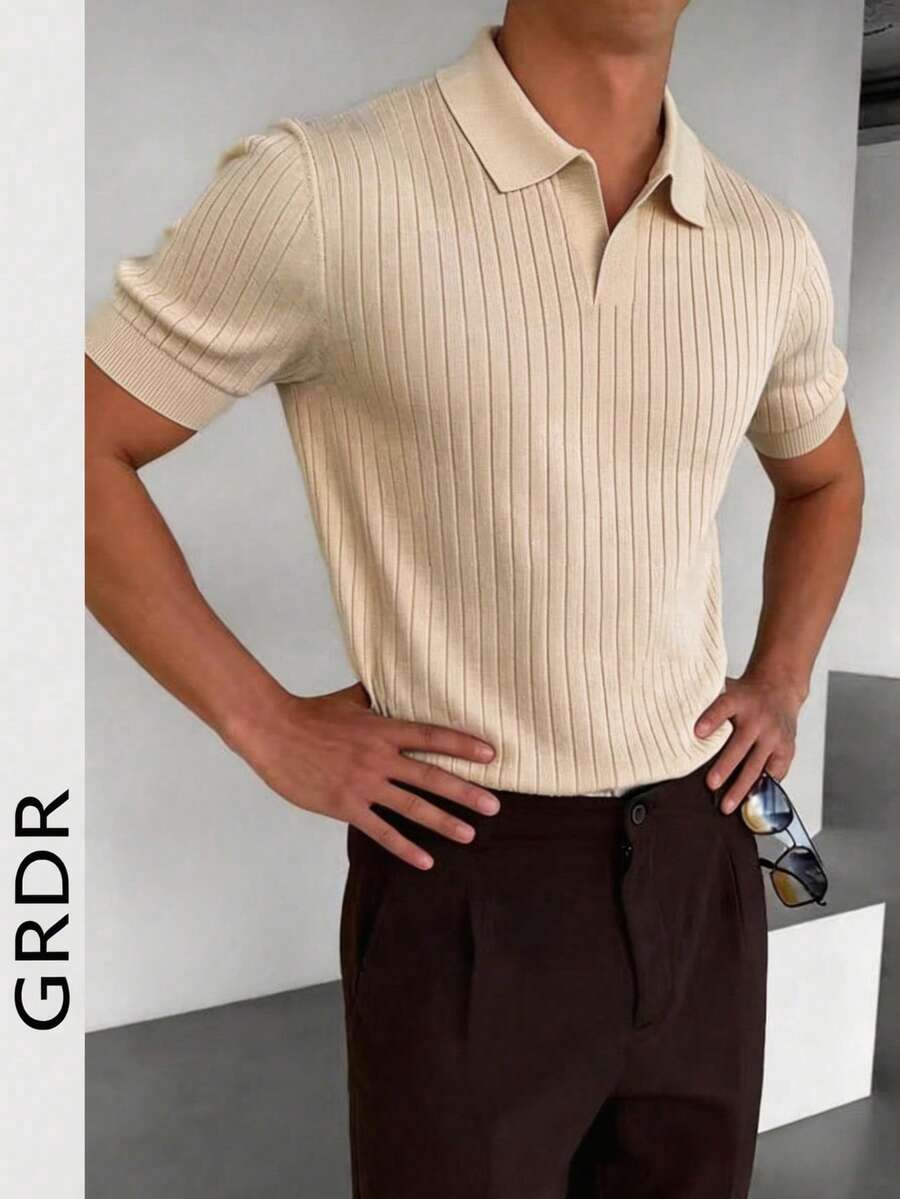 GRDR Men's Summer Knit Polo Shirt, Solid Color Short Sleeve Knitted Collar, Suitable For Summer Outings, Essential For Fashionable Outfit - Apricot - View 1