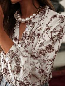 ii Elegant Printed V-Neck Puff Sleeve Shirt With Button Details, Casual & Versatile, Suitable For Spring And Autumn - Apricot - View 4