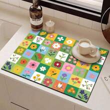 1 pièce, tapis de drainage à motif floral coloré et à carreaux, convient pour absorber l'eau sur les plans de travail dans les cafés, les éviers de cuisine, les machines à laver, etc. Design patchwork floral de style bohème, disponible en différentes tailles. - FULSD029 - Voir 25