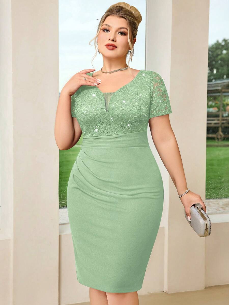 Plus Size Deep V-Neck Sequin Floral Lace Ruffle Hem Bodycon Dress Summer Elegant