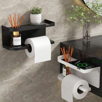 1/2 PcNo Drill Toilet Paper Holder With Phone Shelf, Wall Mounted Self-Adhesive Stainless Steel Tissue Roll Dispenser, Punch-Free Rustproof Bathroom Paper Towel Rack With Storage Shelf, Hole-Free Multi-Function Organizer For Bathroom Kitchen Toilet Washroom, Space Saving Easy Install Bathroom Accessories, Matte Black/Silver, Modern Minimalist Home Decor, Apartment Living Essential