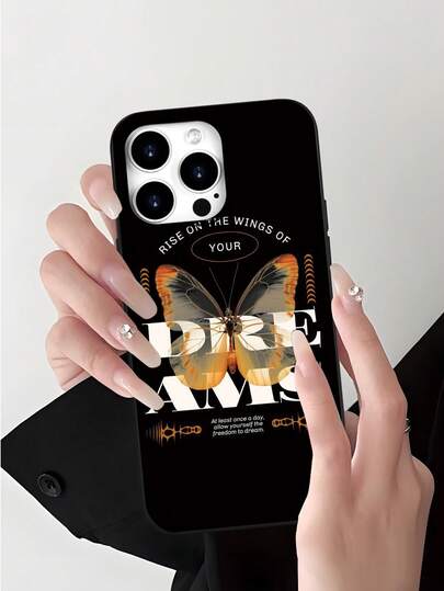 Ốp điện thoại in 2D hình bướm màu cam vàng chuyển sắc, chất liệu mềm mại, chống nước, cá nhân hóa với dòng chữ "RISE ON THE WINGS OF YOUR DREAMS" và họa tiết trang trí vàng, tương thích với các dòng Apple 17, 16, 15, 14, 13, 12, 11, Plus/Pro/ProMax/X/XR/XSMax, món quà hoàn hảo cho bạn bè, gia đình, người yêu, sinh nhật, năm mới, ngày Valentine, Ramadan, lễ Phục sinh.