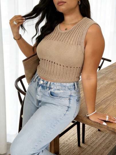 Áo dệt kim không tay thanh lịch dành cho nữ cỡ lớn, kiểu dáng rộng rãi, khoét lỗ, cổ tròn, thích hợp mặc đi làm, đi nghỉ mát, trang phục mùa hè cho Ngày của Mẹ.