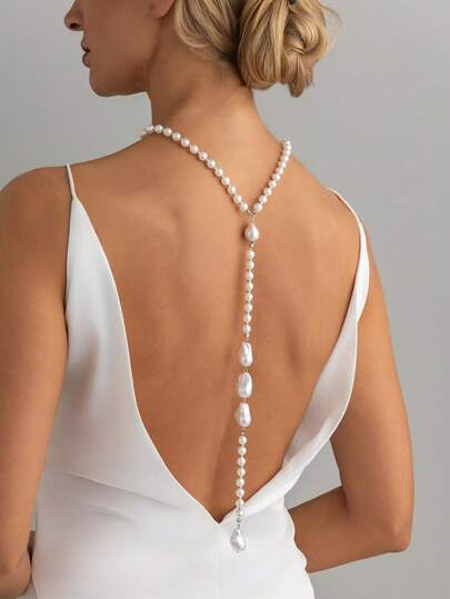 1pc Elegant Geometric Irregular Faux Pearl Beaded Y-Shaped Tassel Charm Body Chain, Luxurious Jewelry, Suitable For Wedding, Party, Vacation, Casual Wear, Street Style, Women's Gift For Couples, Holidays, Birthdays, Versatile