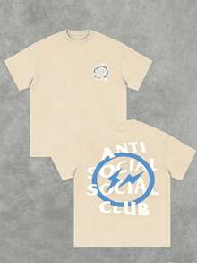 Cotton Double-Sided Printed, Anti Social Club Printed T-Shirt, Suitable For Daily Wear, Casual Summer Wear, Slightly Elastic, Breathable, Outdoor Holiday Sports, Gift T-Shirt, Holiday Gift, Perfect Gift. - 杏色2 - 查看 3