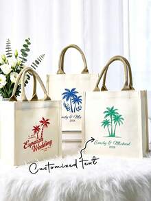 Customized Text Tote Bag, Palm Tree Wedding Welcome Bag, Customized Guest Gift, Tropical Gift Bag, Island Wedding - Multicolor - View 2