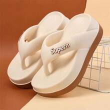 Women's Thick-Sole EVA Flip Flops, Letter Print Anti-Slip Slides, Elevated Indoor/Outdoor Beach Sandals - Beige - View 7