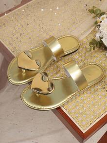 Dép bệt đính sequin hình trái tim vàng lấp lánh bằng da PU, thích hợp cho mùa hè đi biển. - Vàng - Xem 6
