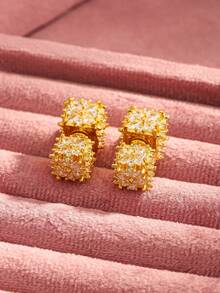 2 件装奢华方形 3D 立体效果银色/金色立方氧化锆耳钉，时尚百搭，适合日常佩戴 - 金色 - 查看 5