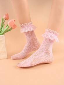 1 Pair Women's Lace Mid-Calf Socks With Ruffle, Elastic Hollow-Out Net Design, Lolita Style Kawaii Socks - Multicolor - View 5