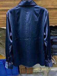 Women's Satin Shirt With Long Sleeves And Buttons - Office Style - Màu xanh hải quân - Xem 5