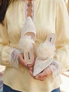 planare New Elegant Lace Mesh Pointed Toe Slip-On High Heel Sandals, Suitable For Dates, Weddings, Parties And Other Occasions - Beige - View 3