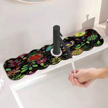 1 pieza Felpudo de fregadero con estampado floral tipo bordado sobre fondo negro, alfombrilla de secado de platos, alfombrilla absorbente, adecuada para el fregadero del hogar, la cocina, decoración y regalo - Fondo negro con estampado floral de imitación bordado. - Ver 11