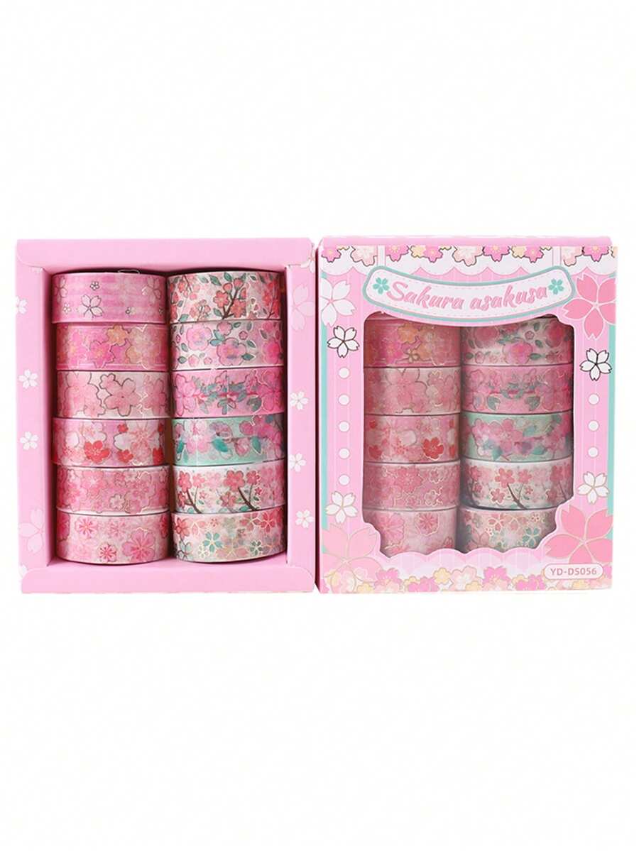 12 rollos/caja de cinta washi con patrón de flores de cerezo rosa romántico, ancho de 1,5 cm, adecuado para decorar suministros de estudio, scrapbooks, proyectos de arte, un regalo de diario para amigos - Conjuntos - Ver 1