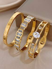 18K Gold Plated Luxury Elegant Oval Zirconia Heart Embossed Bangle Bracelet Set, Stainless Steel Jewelry, For Women Ladies, Summer Bohemia Beach Jewelry, Vacation Season, Gifts For Mom, For Daily Party Dates Gala Wedding Valentine Anniversary Music Festival Christmas, Dates, Easter Day - Multicolor - View 3