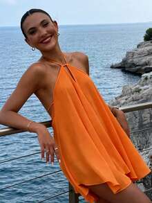 女士夏季度假优雅百搭纯绿色宽松露背系带休闲连衣裙派对 - 亮橙色 - 查看 7