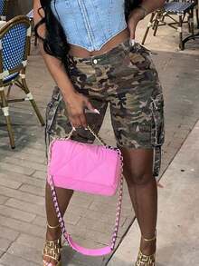 Plus Size Women's Loose Straight Leg Camouflage Multi-Pocket Denim Shorts Casual Vacation Summer - xanh quân đội - Xem 4
