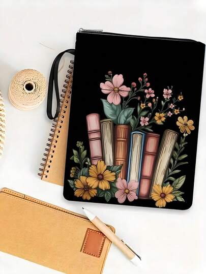 1 Stück schwarzer Blumen-Bucheinband mit Reißverschluss, gepolsterter Taschenbuch-Schutz, Taschenbuch-Umschlag, Bucheinband, Buchbezug, bedruckter Buch-Aufbewahrungsbeutel mit Fronttasche, multifunktional, geeignet für Schule, Studenten, Lehrer, Buchliebhaber
