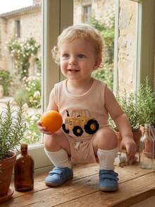 2Pcs Summer Outfits Sleeve Tractor Embroidery Tops + Shorts Set Toddler Clothes - Beige - View 3