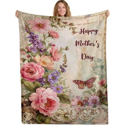 Happy Mother's Day Flannel Throw Blanket, Vintage Watercolor Floral And Roses Design, Soft Reversible Plush Blanket For Couch, Heartfelt Gift For Mom Birthday, Elegant Shabby Chic Home Decor For Bedroom Living Room