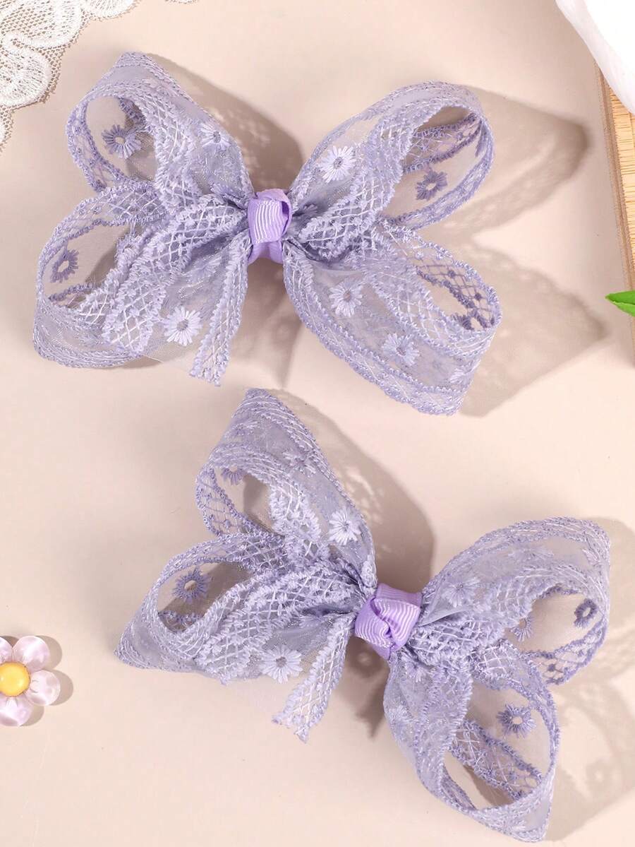 2件組紫色雛菊花卉刺繡蕾絲髮蝴蝶結夾,精緻髮夾,春夏森林風髮飾,甜美女孩童用髮飾 - 紫色 - 查看 1