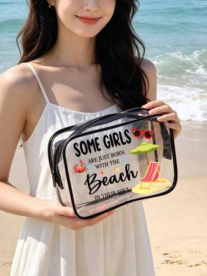 1 pezzo Borsa da spiaggia impermeabile in PVC con stampa a tema spiaggia, borsa da toilette per vacanze, borsa da spiaggia per vacanze, borsa cosmetica in PVC, custodia da viaggio in PVC con cerniera - leggera, resistente allo sbiadimento, borsa per cosmetici e articoli da toeletta adatta a donne e uomini, custodia cosmetica portatile approvata TSA, design facile da pulire, ideale per insegnanti, amici, infermieri, scuola, vacanze, regali per la festa della mamma, rientro a scuola
