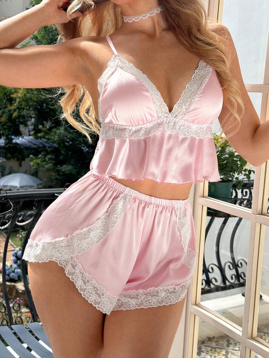 Bộ đồ ngủ nữ mùa hè & xuân gồm áo croptop và quần short ren xếp ly, kiểu dáng thoải mái, thích hợp mặc ở nhà. - Hồng - Xem 1