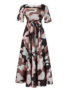 Soleil Women's 2026 New Style Elegant Lace-Up Plus Size Short Sleeve Flared Dress - Brownish Pink - View 2