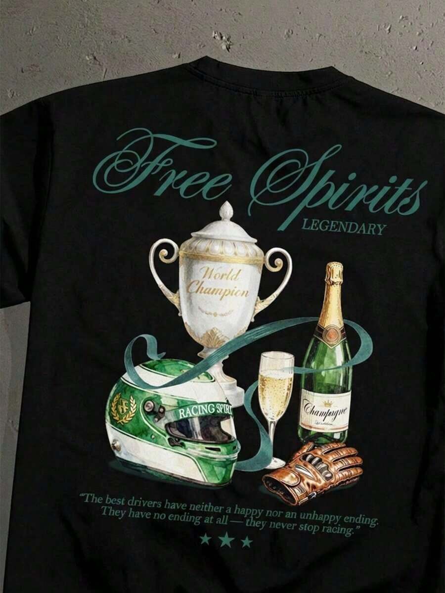 Vintage American Racing Champion Trophy Print Short-Sleeve T-Shirt, Loose Fit, Casual Fashion For Dates And Meetings, Ideal Gift For Boyfriend - 黑色 - 查看 1