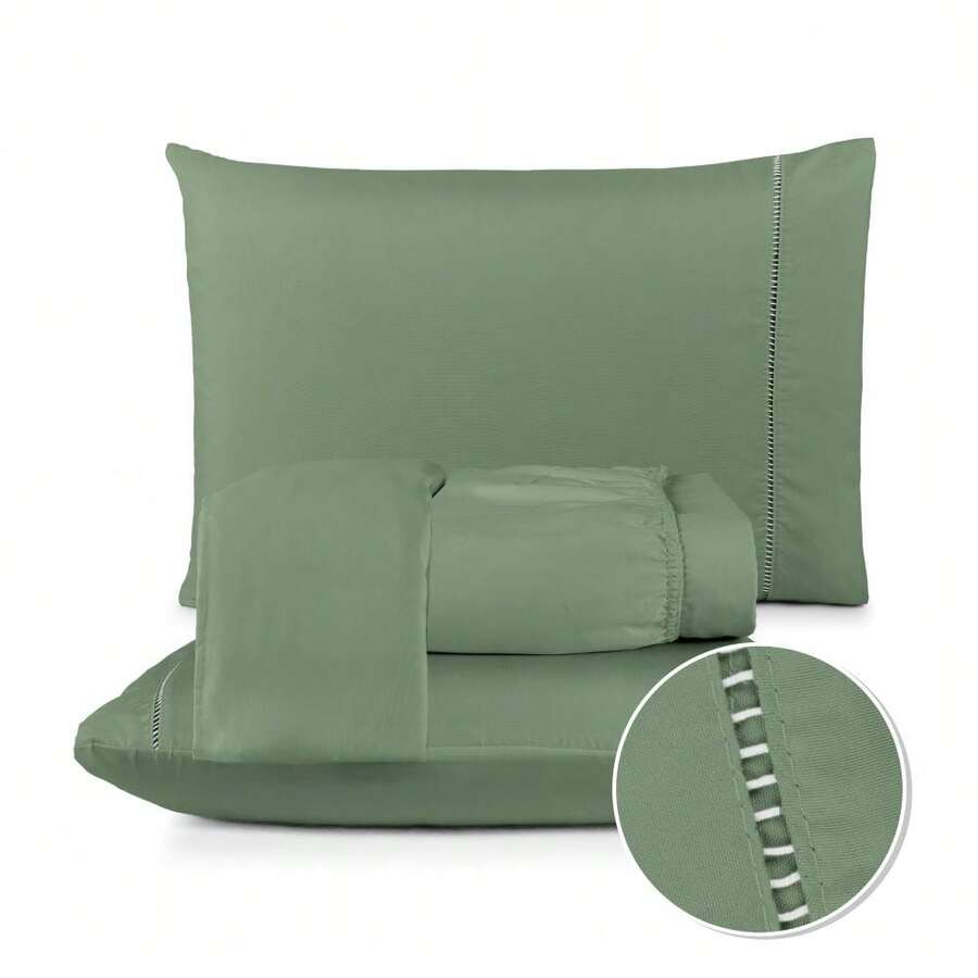 Fitted Sheet Set With Elastic + Pillowcase, 400 Thread Count Percale Flex Luxury, Peach Touch, Single, Full, Queen, King - Dark Green - View 1