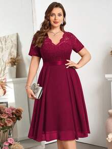 V-Neck Ruffle Lace Printed Chiffon A-Line Swing Dress, Summer Dress Suitable For Birthday, Graduation, Back To School And Other Occasions Red - Red - View 3