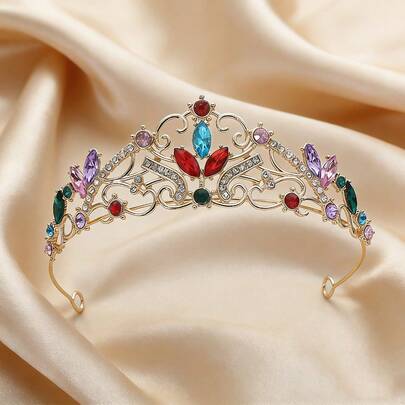 1 pieza Corona de cristal colorida vintage, diadema de princesa chapada en oro elegante, accesorio para el cabello para boda, fiesta y cumpleaños