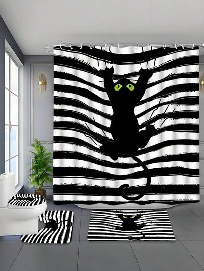 4pcs Cute Kitten Polyester Bathroom Set, Including Waterproof Woven Curtain, Machine Washable, With Hooks And Accessories, Easy Installation - Fashionable Decor For All Seasons