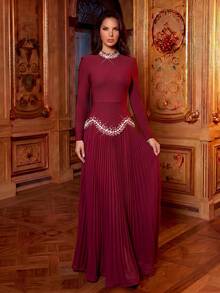 Modphy New Luxury Handmade Beaded Rhinestone Embellished Women Black Cropped Bustier Top And Mesh Maxi Skirt 2 Piece Set, Party Wedding Dress - Burgundy - View 5