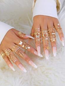 21件/47件套简约时尚优雅仿珍珠不对称扭曲几何叶子蝴蝶花朵戒指，适合约会、度假、日常佩戴、派对、周年纪念、节日礼物 - 金黃色 - 查看 5