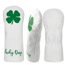 Housse de tête de club de golf à trèfle à quatre feuilles porte-bonheur, base blanche avec broderie contrastée verte, convient pour le driver/bois de parcours/hybride, design avec slogan porte-bonheur, porte chance - Blanc - Voir 3