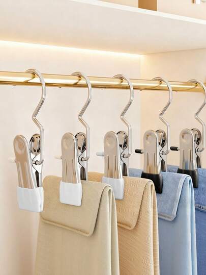 5/10pcs Pants Clips, Clothes Clips, Hanging Clips With Hooks, 3-Prong Small Clips, Drying Clips, Portable Hanging Clips, Wardrobe Organizers, Multi-Function Single Clip Hangers, Suitable For Socks/Pants/Hats/Clothes Storage Clips, Snack & Seasoning Sealing Clips