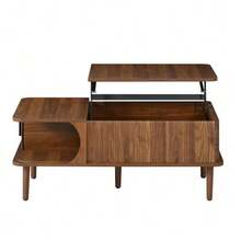 Couchtisch Modern Retro, Höhenverstellbare Tischplatte, Verschiebbare Tür, Walnuss-Optik, Vertikale Rillen, Holzbeine, Multifunctional Wohnzimmertisch - Walnut - View 12