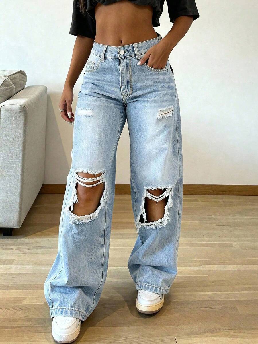Quần jeans nữ ống đứng dáng rộng, phong cách retro thường ngày. - Rửa trung bình - Xem 1