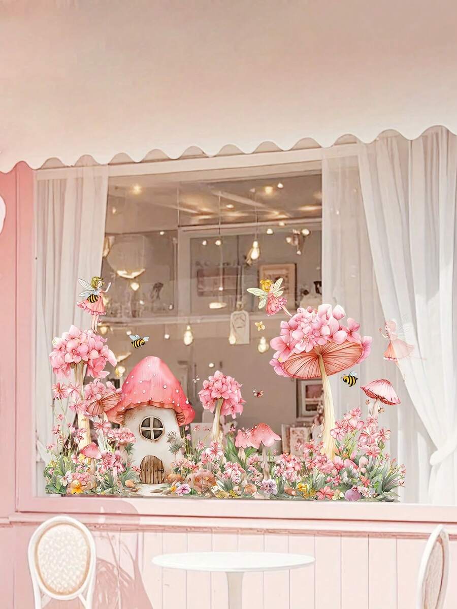 1pc Colorful Flower & Mushroom Elf Window Sticker, Creative Warm Window Decor For Living Room, Bathroom Glass Decoration - D - View 1