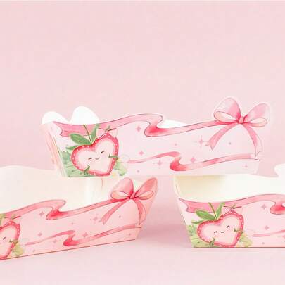 6/12pcs Strawberry Paper Dessert Plates With Pink Bow, Disposable Food Boxes Suitable For Birthday Party Decoration, Dessert Table, Baby Shower