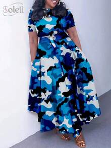 Soleil Women's 2026 New Style Elegant Lace-Up Plus Size Short Sleeve Flared Dress - xanh đen - Xem 1