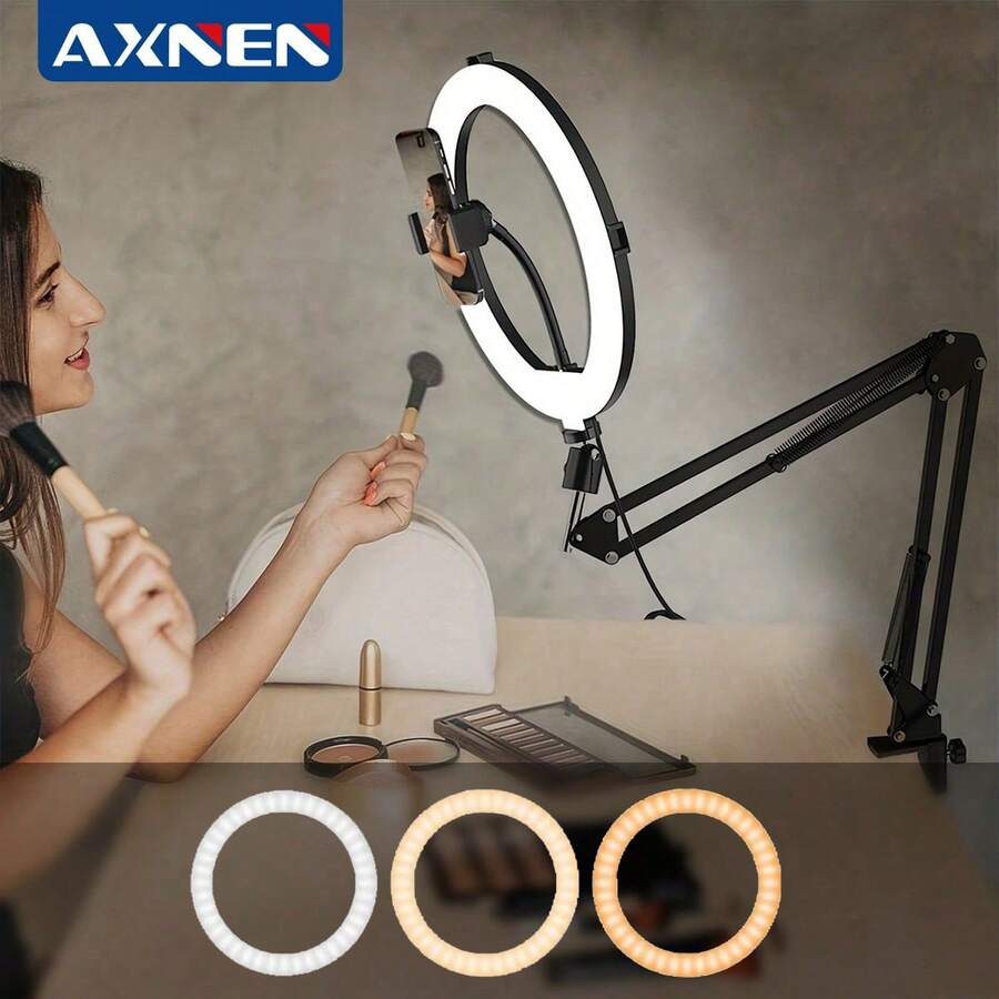 AXNEN 10英寸环形灯，带手机支架臂和手机底座，角度可调，适用于视频录制、直播、绘画、化妆和美甲。
