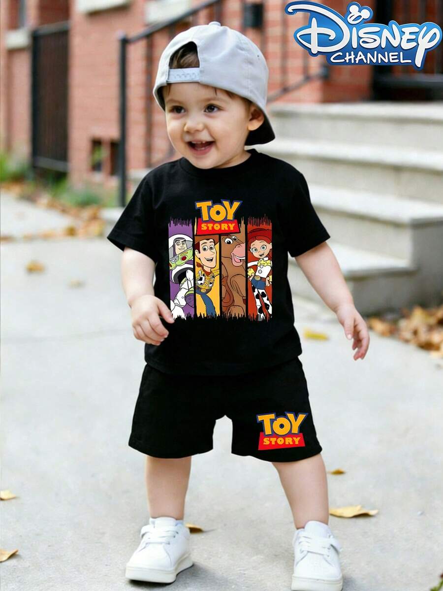 Disney Toy Story Two-Piece Set For Boys And Girls, Featuring Classic Characters Like Buzz Lightyear, Judy, And Jessie. Casual And Simple Short-Sleeved Crew Neck T-Shirt And Shorts, Perfect For Summer Wear And A Must-Have For Summer Outdoor Activities. - Black - View 1